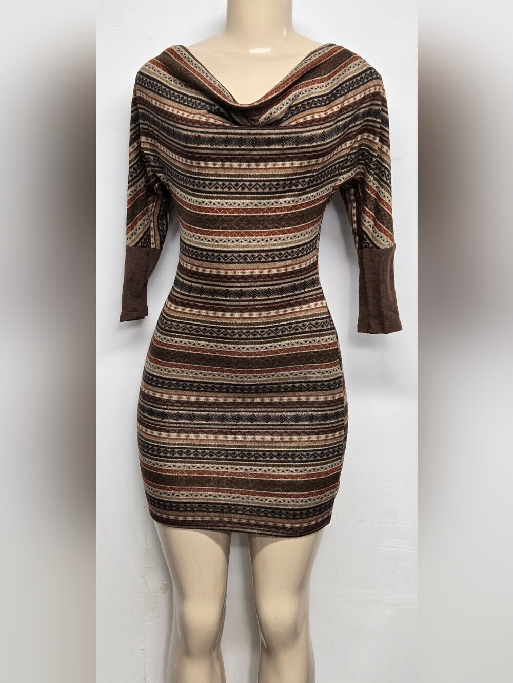 Papaya S Dress Bodycon Fit Cowl Neck Short Sleeve Southwestern Stripes